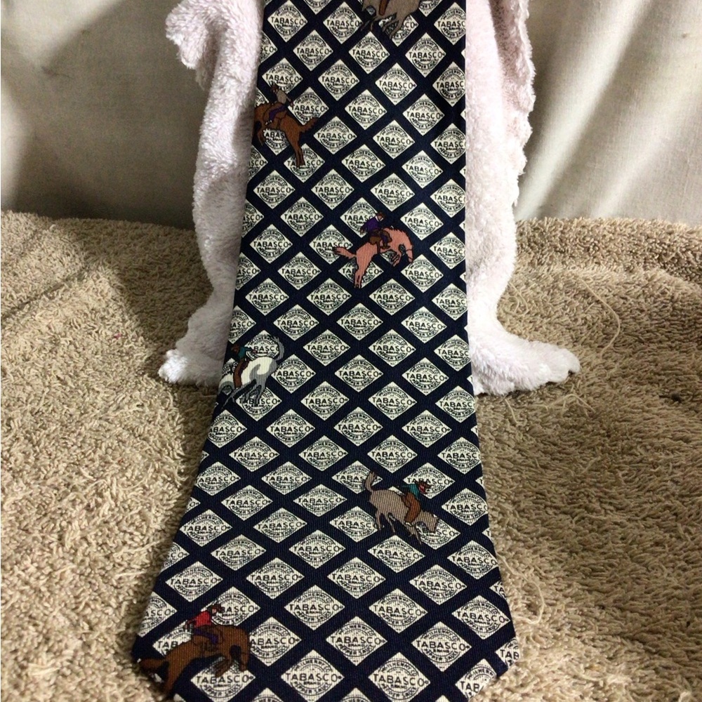 Tabasco Navy Diamond-Logo Tie with Multicolor Equestrian Motif